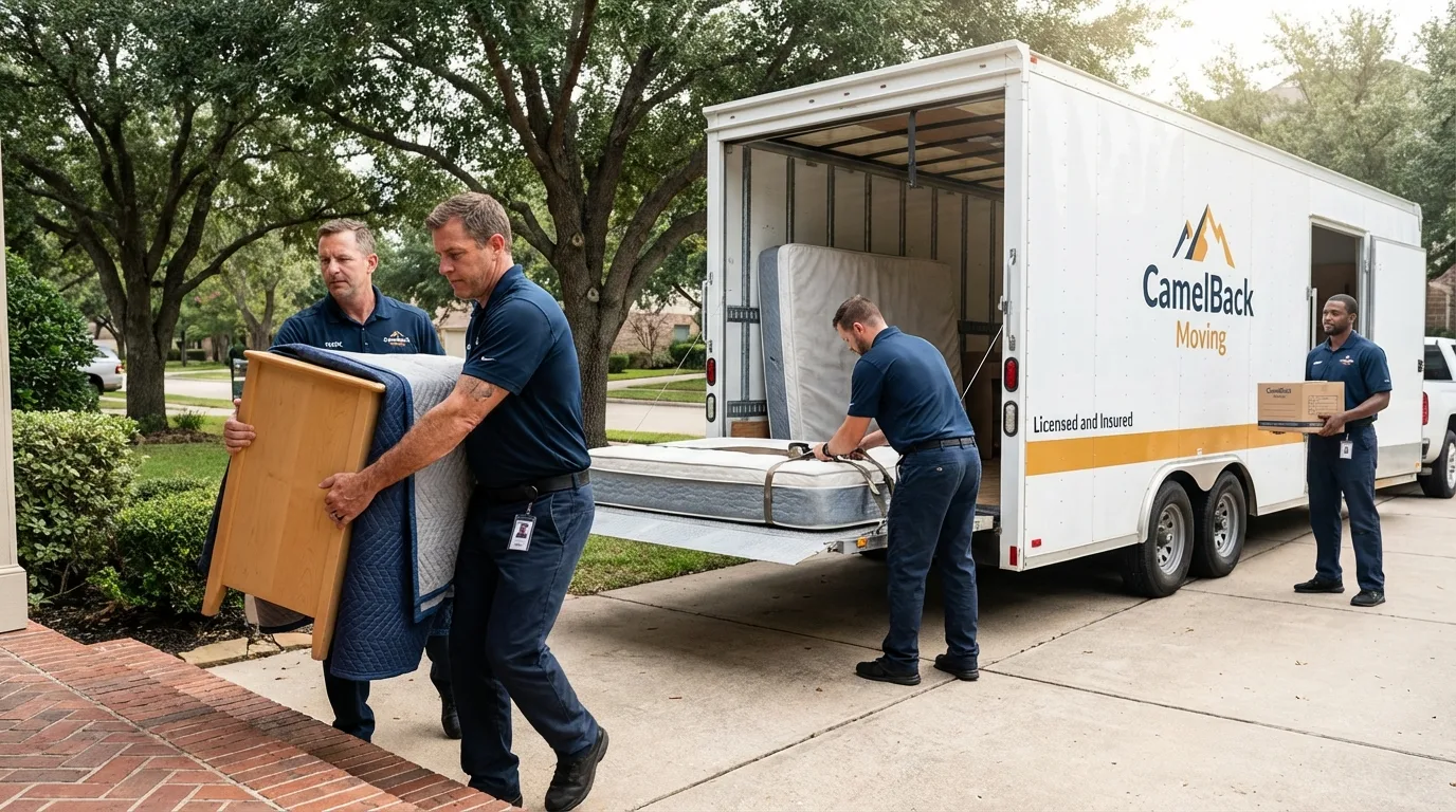 Crew loading residential truck for cross-state move from Slaton, TX
