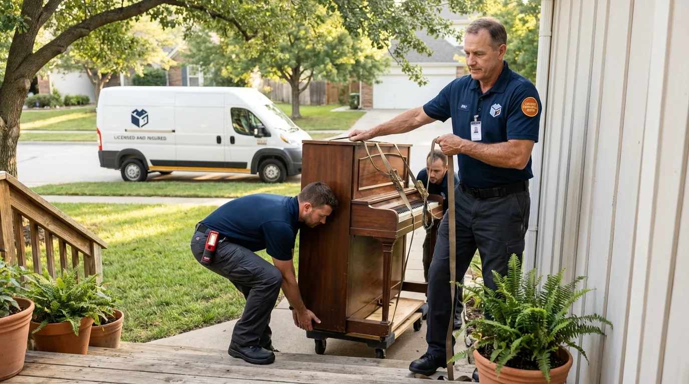 Licensed piano movers securing grand piano in Slaton, TX