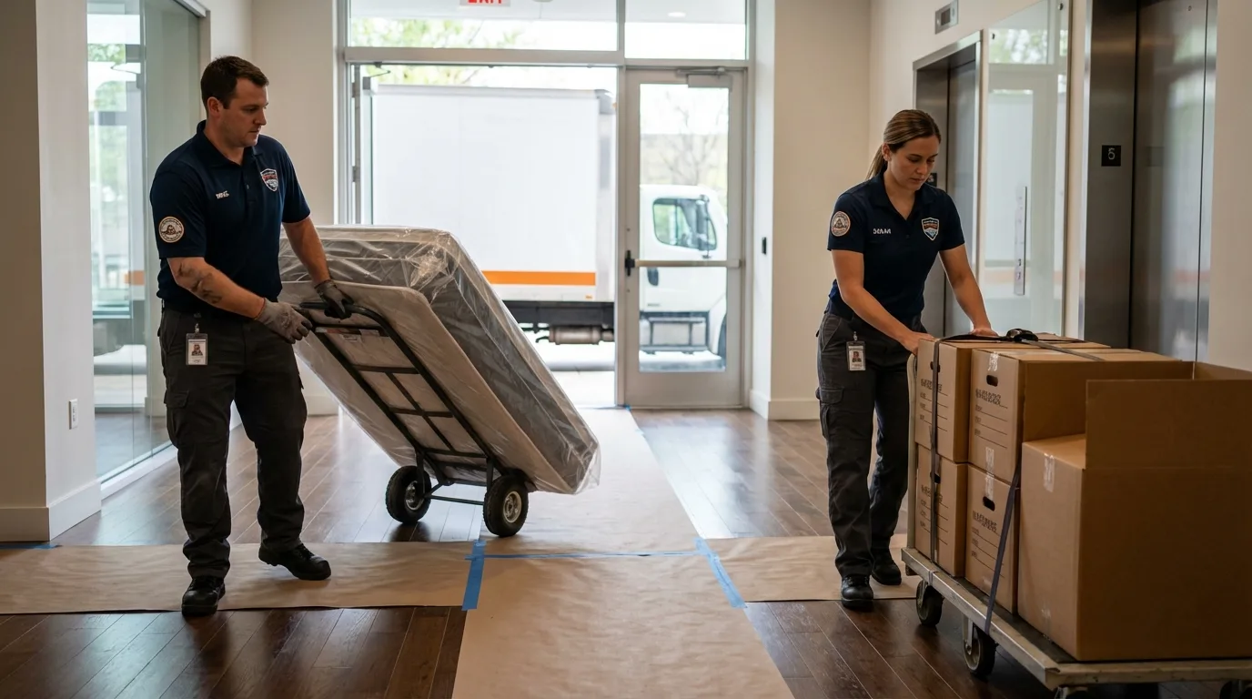 Professional apartment movers loading elevator in Slaton, TX